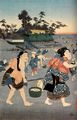 Utagawa Kunisada I.: Muschelnsammeln in Yayoi bei Edo whrend der Ebbe; das linke Blatt des Tryptichons