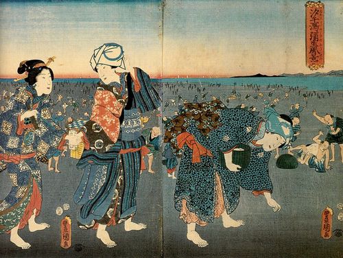 Utagawa Kunisada I.: Muschelnsammeln in Yayoi bei Edo whrend der Ebbe; das mittlere und rechte Blatt des Tryptichons