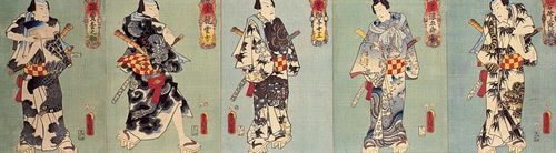 Utagawa Kunisada I.: Schauspieler in den Rollen von Wakatake Torazo, Tatsunami Gorokichi, Arajishi Juzo, Kinryu Unkichi und Kumataka Matsunosuke