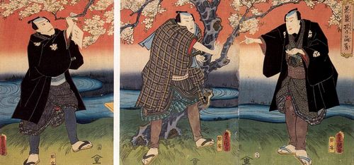Utagawa Kunisada I.: Szene aus dem Kabuki-Stck »Hanazakari soroi no go-hiiki«, Ausschnitt: Das erste, vierte und fnfte Blatt des Pentaptychons