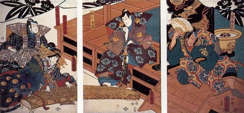 Utagawa Kunisada I.: Szene aus einem Kabuki-Stck mit Begleitung auf dem Saiteninstrument Koto