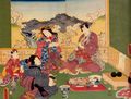 Utagawa Kunisada I.: Vergngungen des glnzenden Prinzen Genji an heien Quellen; das linke und mittlere Blatt des Tryptichons