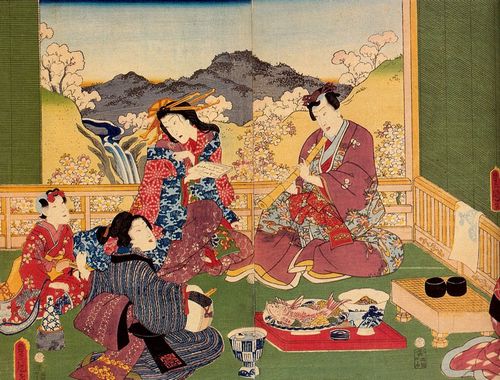 Utagawa Kunisada I.: Vergngungen des glnzenden Prinzen Genji an heien Quellen; das linke und mittlere Blatt des Tryptichons