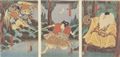 Utagawa Kunisada I.: Yoshitsune bei den Tengu (Vogelmenschen); Triptychon