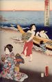 Utagawa Kunisada I.: Zubereitung der Awabi-Muscheln von Taucherinnen aus Ise; das rechte Blatt des Tryptichons