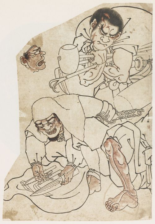 Utagawa Kuniyoshi: Zwei Raufbolde und der Kopf eines dritten