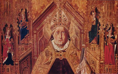 Bermejo, Bartolom: Thronender Hl. Dominikus mit den 7 Kardinaltugenden, Detail