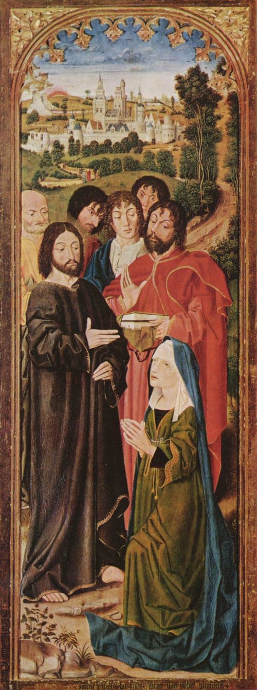 Froment, Nicolas: Die Auferweckung des Lazarus, Altartriptychon, linker Flgel innen, Szene: Christus und die Hl. Martha