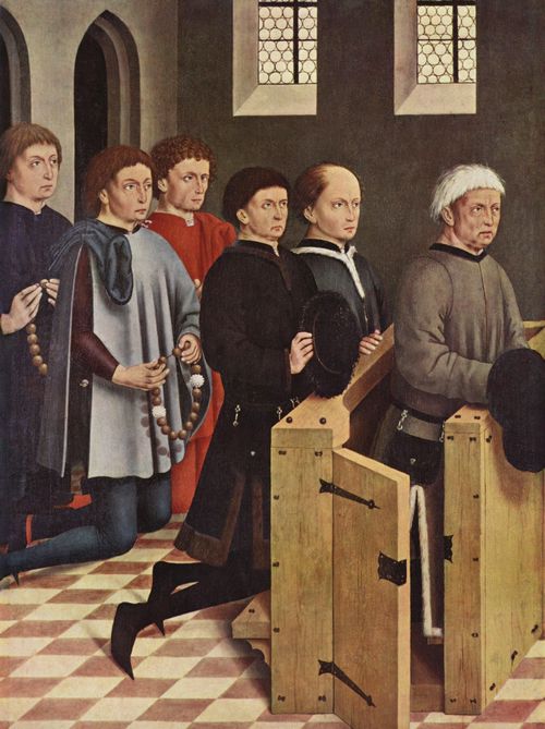 Herlin, Friedrich: Hochaltarretabel von St.Georg in Nrdlingen, linker Flgel auen, Szene: Der Stifter Jakob Fuchsart und seine Shne