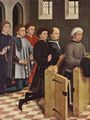 Herlin, Friedrich: Hochaltarretabel von St.Georg in Nördlingen, linker Flügel außen, Szene: Der Stifter Jakob Fuchsart und seine Söhne