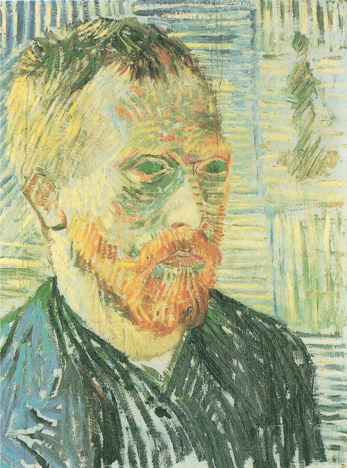 Gogh, Vincent Willem van: Selbstbildnis, barhaupt, vor japanischem Holzschnitt im Hintergrund