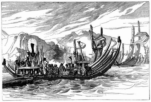 Die Flotte von Otuhiti versammelt sich vor Opare. [Facsimile. Alter Kupferstich.]