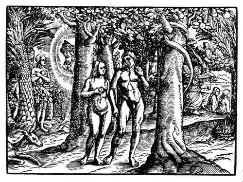 Der Sndenfall (Gen. 3). Im Vordergrund: Adam und Eva mit dem Apfel und der sich um den Baum ringelnden Schlange. Links am Rand: Gott und Eva (Gen. 3, 13). Rechts am Rand: Die Vertreibung aus dem Paradies (der Cherub mit dem Schwert [Gen. 3, 24]).
