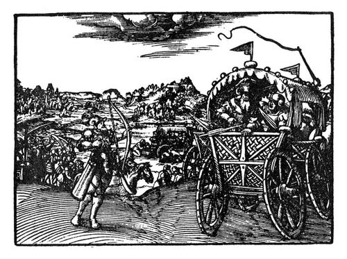 Rechts: Der Wagen mit Knig Ahab von Israel, von einem syrischen Bogenschtzen tdlich getroffen, daneben der Wagen Knig Josaphats von Juda (1Kn. 22,31-34). Im Hintergrund: Ahabs blutiger Wagen wird gewaschen, Hunde lecken sein Blut (1Kn. 18,38).