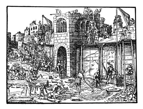 Wiederaufbau der Mauern Jerusalems unter dem Schutze Bewaffneter durch Jnglinge mit umgegrtetem Schwert (Neh. 4,16-18).