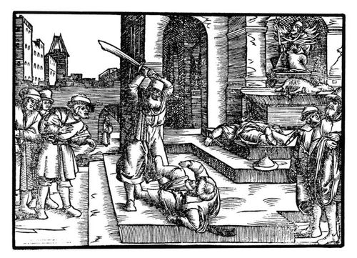 Matthias tötet mit seinem Schwert den Juden, der entsprechend dem Gebot des Antiochus auf dem Altar vor dem Götzenbild zu Modin geopfert hatte, und dann auch den Hauptmann des Königs (1Makk. 2,23-25).