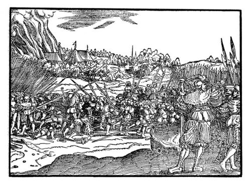 Die nur mit Schwertern ausgerüsteten Juden unter Judas Makkabäus besiegen Gorgias' Heer (Gorgias rechts vorn). Links im Hintergrund das brennende feindliche Lager (1Makk. 4,1-20).