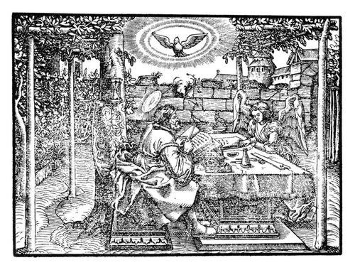 Der Evangelist Matthus sitzt in einem Garten am Tisch mit Schreibgert, ihm gegenber ein Engel (sein Attribut, den Menschen, versinnbildlichend), der das von jenem Geschriebene liest (die Evangelistenattribute stammen aus Ez. 1,10 bzw. Apk. 4,7).