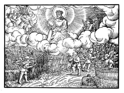 In der Mitte: Eine gekrnte Gestalt mit einer Sichel, rechts und links drei Engel, von denen einer ein Sichelmesser (Hippe) trgt. Unten Getreideernte und Traubenlese mit der Blutkelter (Apk. 14,14-20).