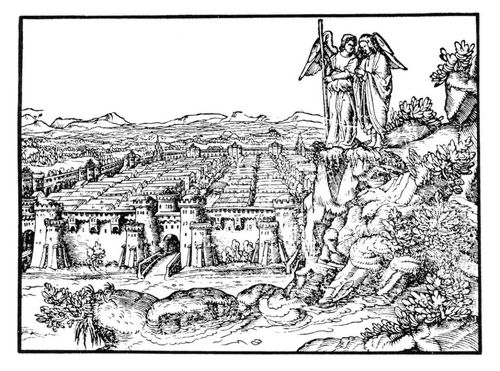 Das neue Jerusalem, das von einem hohen Berg aus ein Engel Johannes zeigt (Apk. 21,9-27).