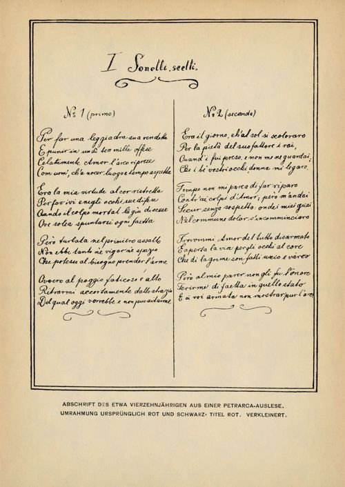 Abschrift des etwa Vierzehnjhrigen aus einer Petrarca-Auslese. Umrahmung ursprnglich rot und schwarz  Titel rot. Verkleinert (GAW 1, S. 132)