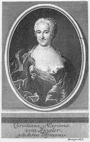Christiana Mariana von Ziegler (Kupferstich von Martin Bernigeroth; Frontispiz zu Ch. M. von Ziegler: Versuch in gebundener Schreib-Art, Leipzig 1728)