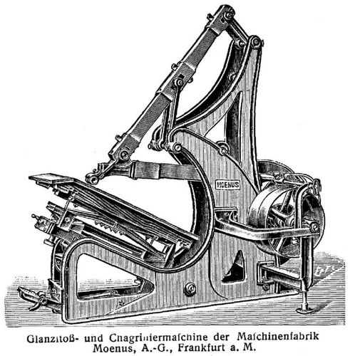 Glanzstoß- und Chagriniermaschine der Maschinenfabrik Moenus, A.-G., Frankfurt a.M.