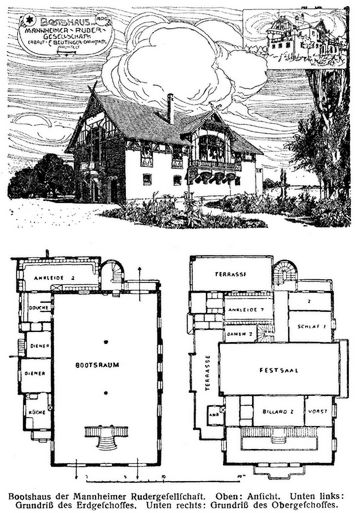 Bootshaus der Mannheimer Rudergesellschaft. Oben: Ansicht. Unten links: Grundriß des Erdgeschosses. Unten rechts: Grundriß des Obergeschosses.