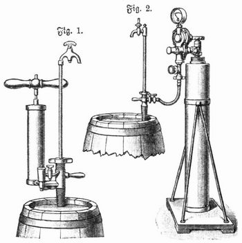 Fig. 1. Einfacher Bierdruckapparat. Fig. 2. Bierdruckapparat mit flssiger Kohlensure.