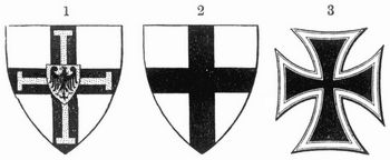 Fig. 1. Altes Wappen des Hochmesiters, sptern Hoch- und Dentschmeisters. – 2. Wappen des Deutschen Ritterordens. – 3. Ritterbrustkreuz (fterreich).