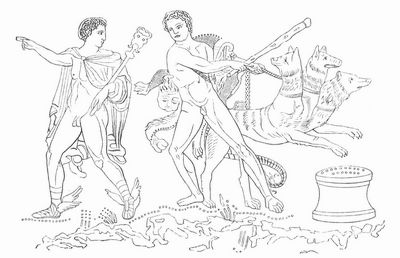 Herakles mit Hilfe des Hermes den Kerberos entfhrend (Mnchen, Vasenbild).