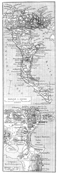 Karte der Insel und Plan der Stadt Korfu.