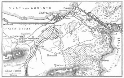 Karte des Isthmus von Korinth und Kanal von Korinth.