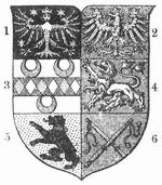 Wappen des Frstentums Ostfriesland (1682). 1 Cirksena, 2ten Brook, 3 Manslagt, 4 Ukena, 5 Esens, 6 Wittmund.
