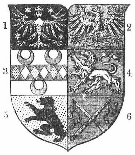 Wappen des Frstentums Ostfriesland (1682). 1 Cirksena, 2ten Brook, 3 Manslagt, 4 Ukena, 5 Esens, 6 ...