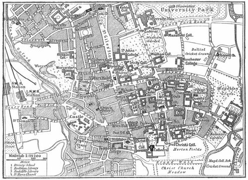 Plan von Oxford mit den Universittsgebuden.