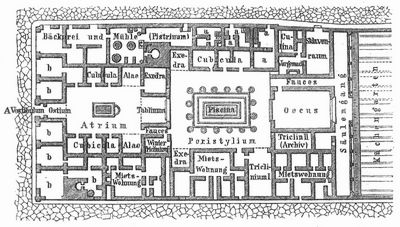 Grundri eines rmischen Hauses (Haus des Pansa in Pompeji). a u. b Lden.