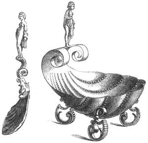 Salzfa mit Lffel aus vergoldetem Silber (16. Jahrhundert). (Muschel und Schale des Lffels sind getrieben.)