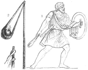 Fig. 1. Rmischer Schleuderer (Relief der Trajanssule). Fig. 2. Stabschleuder.