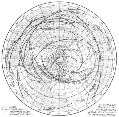 Fig. 5. Verlauf der Sichtbarkeitszonen der in den Jahren 1900–18 eintretenden totalen und ringfrmigen Sonnenfinsternisse.