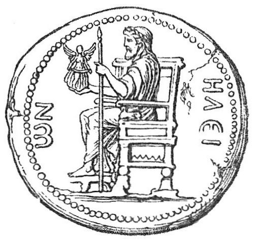 Zeus des Pheidias, auf dem Thronos sitzend (Mnze von Elis).