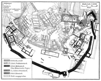 Plan der Ausgrabungen von Troja durch Schliemann und Dörpfeld (Stand von 1906).