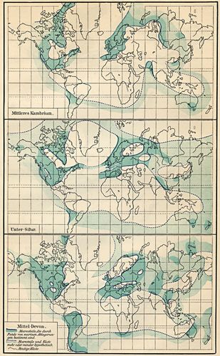 Geologische Formationen III. Verteilung von Wasser und Land zur Zeit der Kambrischen, Silurischen ...