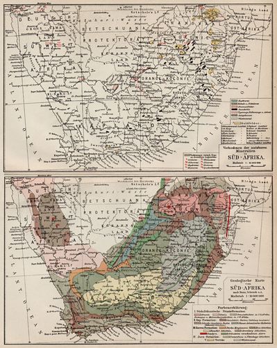 Vorkommen der nutzbaren Mineralien in Sd-Afrika. Geologische Karte von Sd-Afrika.