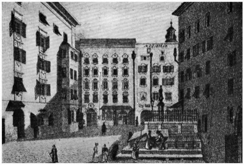 Löchelplatz in Salzburg mit Mozarts Geburtshaus (im Hintergrund links). Lithographie von Czichna ...