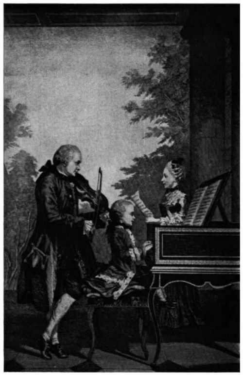 Leopold Mozart mit seinen Kindern in Paris, 1763. Stich von Jean Baptist Delafosse nach einem Aquarell von Louis Carrogis Carmontelle