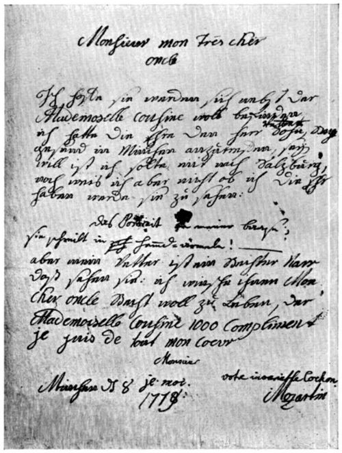 Die Handschrift des Bsle. Schreiben an Leopold Mozart, Nachschrift zu Wolfgangs Brief; Mnchen, am 8. Jnner 1779