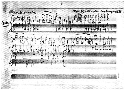 Trauermarsch für Klavier von Mozart. Eintragung des Meisters im Stammbuche seiner Schülerin Babette ...