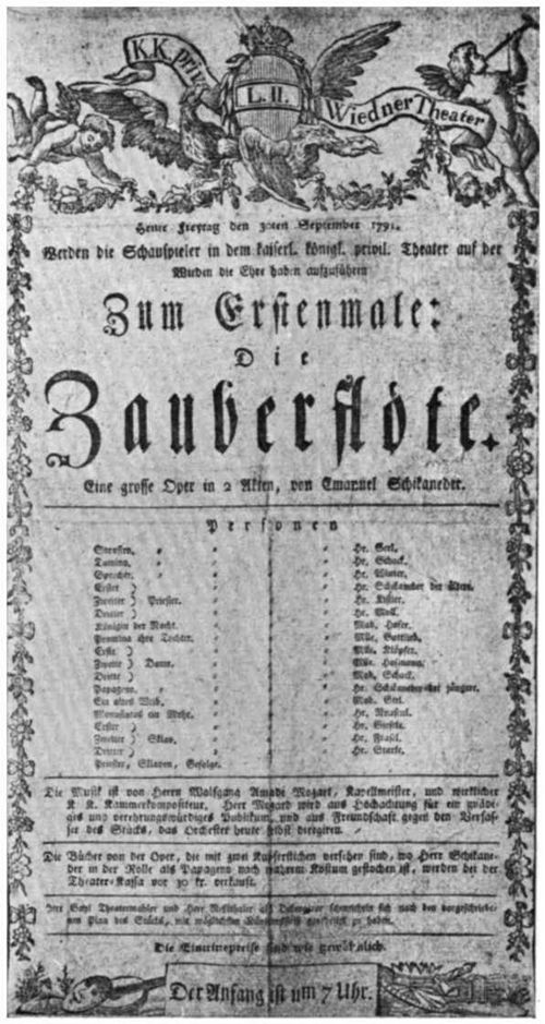 Theaterzettel zur Urauffhrung der Zauberflte am k.k. priv. Wiedner Theater; Wien, am 30. September 1791