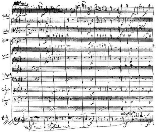 Partiturseite aus der Originalhandschrift von Mozarts g-moll-Symphonie K.V. 550; komponiert im Jahre 1788. Der Beginn des Finales